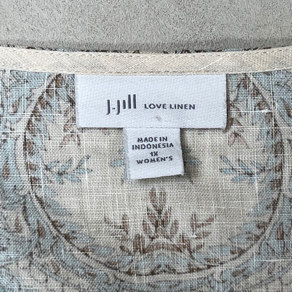 J. Jill Paisley Linen Tunic Womens 1X Cream Blue Boho 3/4 Bell Sleeve Top - Picture 4 of 8